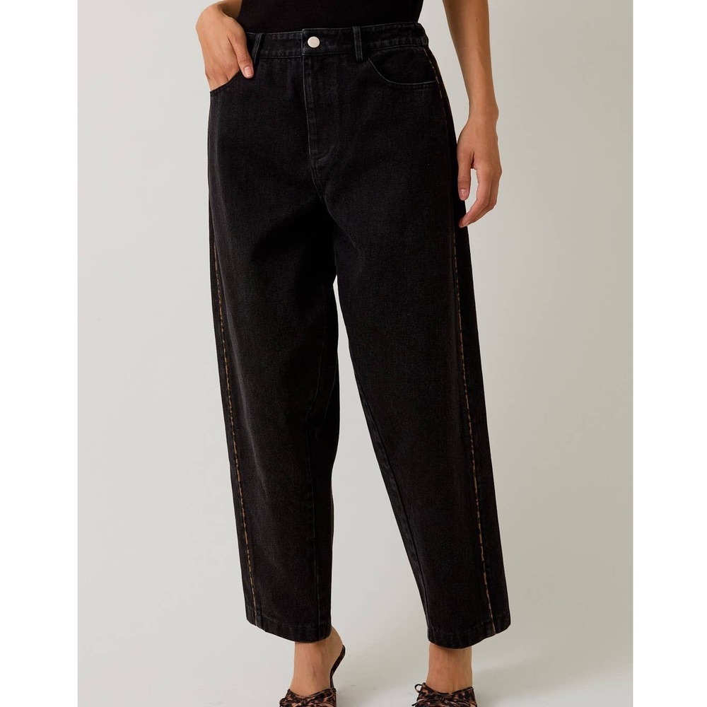 Sunday Edition BARREL DENIM PANTS WITH LEOPARD PRINT‎ PIPING Elastic Waist L